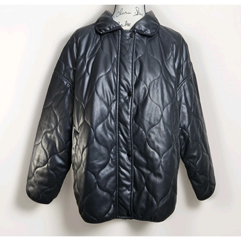 Cavalini Jacket Size 2X Black‎ Vegan Leather Classic Quilted Stand Collar Zipper